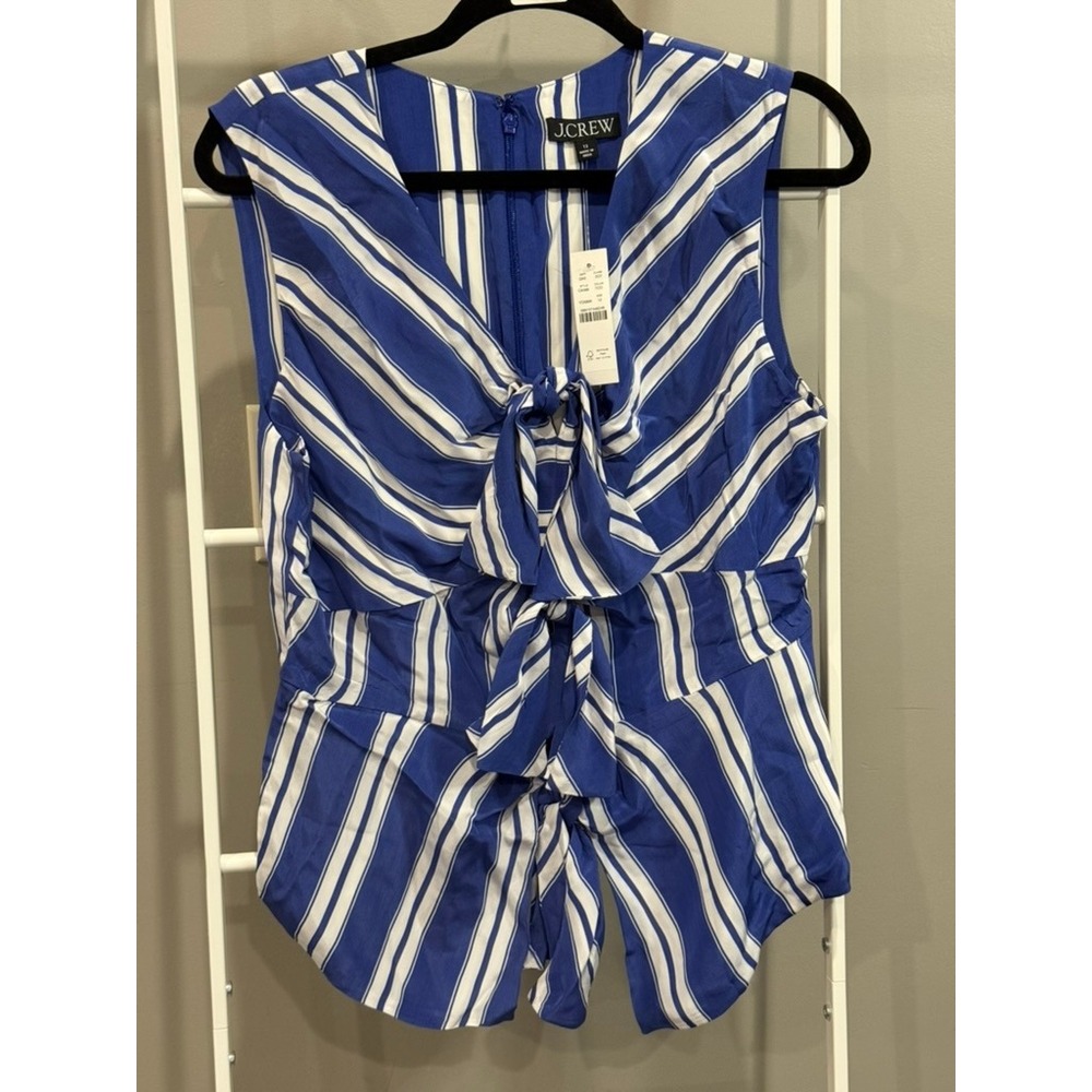 J.Crew Blue White Striped Tie Front Peplum Top Size 12 Nautical Coastal Cottage‎